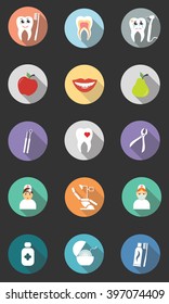 Set of 15 dental icons. Modern flat design with long shadows.