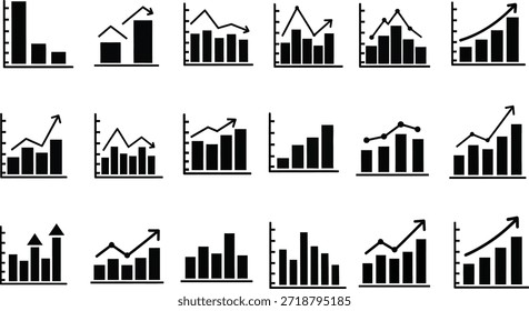 Un conjunto de 15 diferentes gráficos de barras en blanco y negro e ilustraciones de gráficos para presentar datos de una manera visualmente atractiva