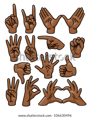A set of 15 different cartoon hands in various poses. Eps 10 Vector.