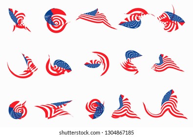 Set of 15 different curved USA star flag logo stripes design elements vector icons on white background Eps10