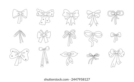 Set of 15 different doodle bows for hair. Black and white vector illustration.