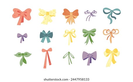 Set of 15 different doodle bows for hair. Color vector illustration.