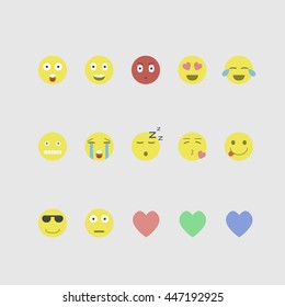 Set of 15 different emoticons, emoji faces and hearts