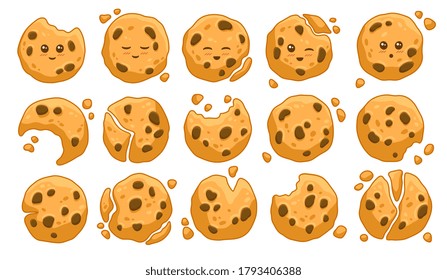 Set of 15 different freshly baked cookies with crumbs and missing bites on white for design elements, colored vector illustration