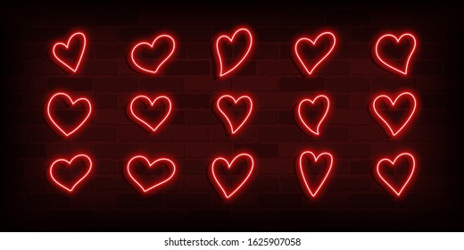 Set of 15 different simple red neon hearts on a brick wall for Valentines day card design. Vector illustration.