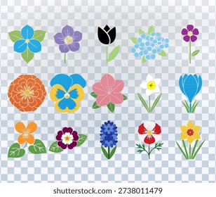 A set of 15 different stylized flower icons presented on a transparent background. The illustrations are designed in a colorful, flat vector style. This collection includes a variety of flowers such as a blue trillium, a purple clematis, a black tulip, a blue hydrangea, a purple cosmos, an orange zinnia, a blue and yellow pansy, a pink hibiscus, a white daffodil, a crocus, an orange buttercup, a purple primrose, a hyacinth, a red and white adonis, and a yellow daffodil. Each icon is a simple, graphic representation.