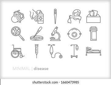 Set of 15 disease line icons for spreading and containing cold and flu, developing a vaccine, researching cures and healing patients in a hospital or doctors office