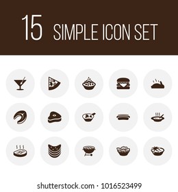 Set of 15 dish icons set. Collection of julienne with mushroom, burger, steak and other elements.