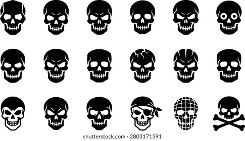 A set of 15 distinct skull designs, varying in style and expression, presented in black and white.