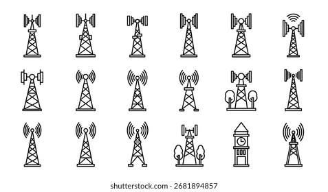Conjunto de 15 diversos ícones de torre de comunicação desenhos de linha simples para conectividade e conceito de sinal vetor