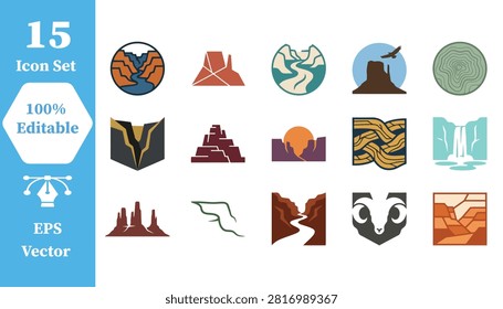 Set of 15 diverse natural landscape scene icons with landscapes, mountains