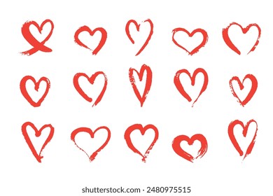 Set with 15 doodle shape hearts made with acrylic paint, hand drawn brush stroke vector illustrations, isolated on white