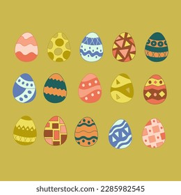 Set of 15 Easter eggs with different abstract patterns. Doodle vector color illustration.