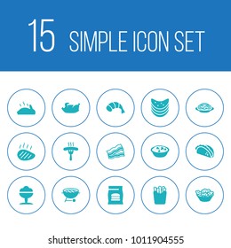 Set of 15 eat icons set. Collection of fried duck, bacon, tacos and other elements.