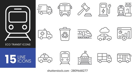 Set of 15 eco transit and transportation line icons, including train, bus, electric vehicle charging station, ambulance, taxi, and government building symbols