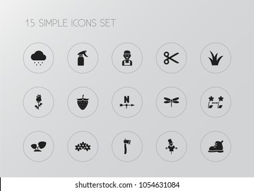 Set of 15 editable agriculture icons. Includes symbols such as rose, gardener, scarecrow and more. Can be used for web, mobile, UI and infographic design.