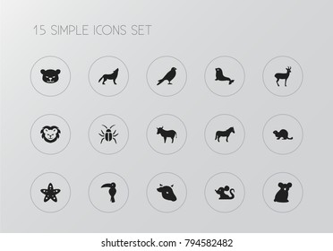 Set of 15 editable animal icons. Includes symbols such as horse, lion, deer and more. Can be used for web, mobile, UI and infographic design.