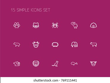 Set Of 15 Editable Animal Outline Icons. Includes Symbols Such As Lion, Kitty, Spinner And More. Can Be Used For Web, Mobile, UI And Infographic Design.
