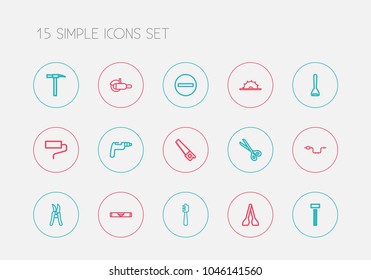 Set of 15 editable apparatus icons line style. Includes symbols such as screw head, saw, drill and more. Can be used for web, mobile, UI and infographic design.