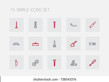 Set Of 15 Editable Apparatus Outline Icons. Includes Symbols Such As Bolt, Circle Spanner, Turn-Screw And More. Can Be Used For Web, Mobile, UI And Infographic Design.