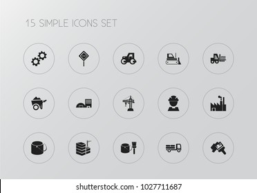 Set of 15 editable building icons. Includes symbols such as tools, gear, factory and more. Can be used for web, mobile, UI and infographic design.