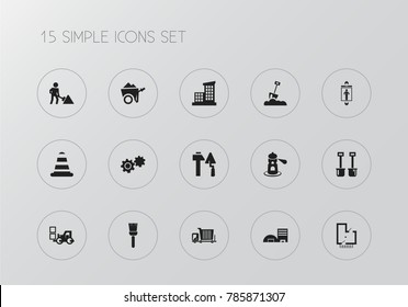 Set of 15 editable building icons. Includes symbols such as hammer and trowel, cargo transportation, lighthouse. Can be used for web, mobile, UI and infographic design.