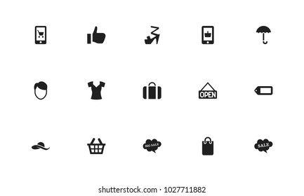 Set of 15 editable business icons. Includes symbols such as cloud with text, men face, handbag. Can be used for web, mobile, UI and infographic design.