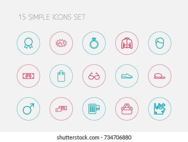 Set Of 15 Editable Business Outline Icons. Includes Symbols Such As Glasses, Shoes, Arrow Up And More. Can Be Used For Web, Mobile, UI And Infographic Design.
