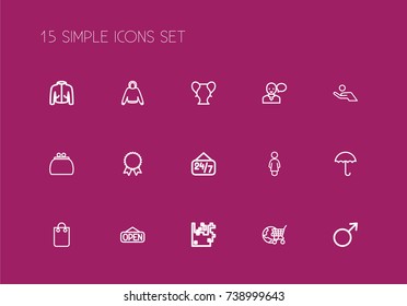Set Of 15 Editable Business Outline Icons. Includes Symbols Such As Handbag, Money Purse, Arrow Up. Can Be Used For Web, Mobile, UI And Infographic Design.