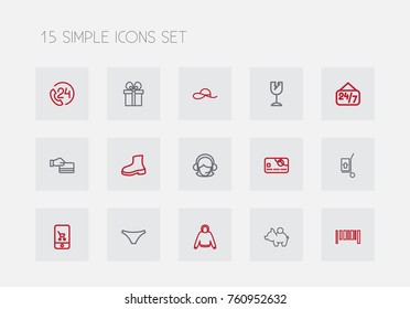 Set Of 15 Editable Business Outline Icons. Includes Symbols Such As Bonnet, Gift, Hand Cart. Can Be Used For Web, Mobile, UI And Infographic Design.