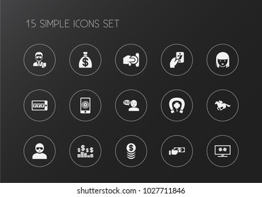 Set of 15 editable casino icons. Includes symbols such as greenback, security, man in glasses and more. Can be used for web, mobile, UI and infographic design.