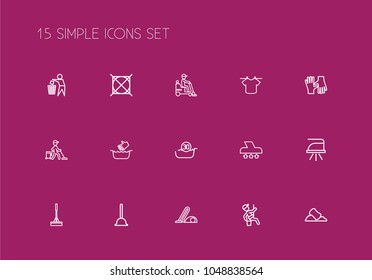 Set of 15 editable cleaning icons line style. Includes symbols such as carpet, gauntlet, industrial washer and more. Can be used for web, mobile, UI and infographic design.