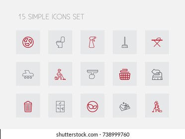 Set Of 15 Editable Cleaning Outline Icons. Includes Symbols Such As Wiping, Spray, Leaves And More. Can Be Used For Web, Mobile, UI And Infographic Design.