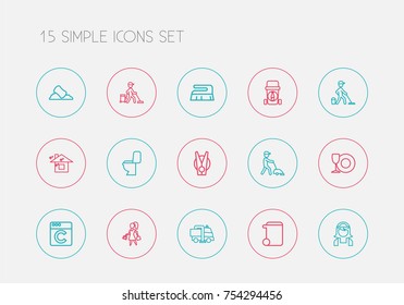 Set Of 15 Editable Cleaning Outline Icons. Includes Symbols Such As Trash Can, Dishes, Brooming And More. Can Be Used For Web, Mobile, UI And Infographic Design.
