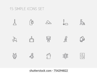 Set Of 15 Editable Cleaning Outline Icons. Includes Symbols Such As Hygiene, Respirator, Cleaning Window And More. Can Be Used For Web, Mobile, UI And Infographic Design.