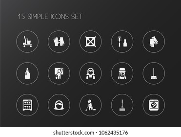 Set of 15 editable cleanup icons. Includes symbols such as housewife, vacuuming woman, swob and more. Can be used for web, mobile, UI and infographic design.