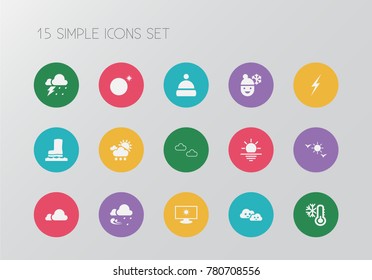 Set of 15 editable climate icons. Includes symbols such as sunshine, rainstorm, frosty weather and more. Can be used for web, mobile, UI and infographic design.