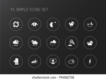 Set of 15 editable climate icons. Includes symbols such as thunderstroke, semidarkness, frosty and more. Can be used for web, mobile, UI and infographic design.