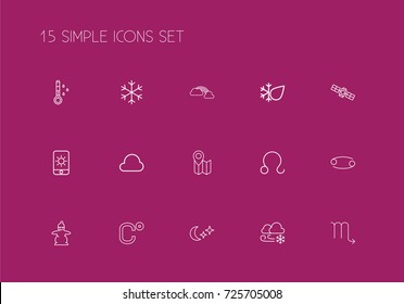 Set Of 15 Editable Climate Outline Icons. Includes Symbols Such As Pin, Lunar, Wind And More. Can Be Used For Web, Mobile, UI And Infographic Design.