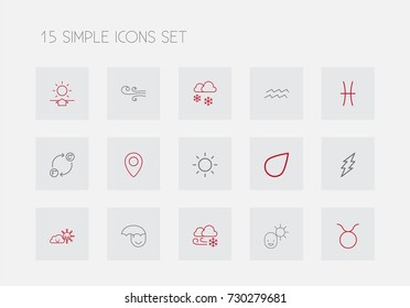 Set Of 15 Editable Climate Outline Icons. Includes Symbols Such As Male, Water Bearer, Breeze And More. Can Be Used For Web, Mobile, UI And Infographic Design.