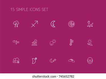 Set Of 15 Editable Climate Outline Icons. Includes Symbols Such As Frosty, Crescent With Star, Male And More. Can Be Used For Web, Mobile, UI And Infographic Design.