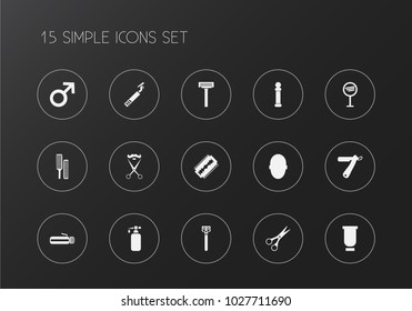 Set of 15 editable coiffeur icons. Includes symbols such as salon, trimming, reflection and more. Can be used for web, mobile, UI and infographic design.