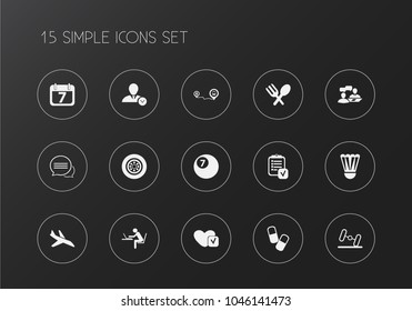 Set of 15 editable complicated icons. Includes symbols such as calendar, aircraft, conversation and more. Can be used for web, mobile, UI and infographic design.