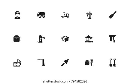 Set of 15 editable construction icons. Includes symbols such as tools, truck, workman and more. Can be used for web, mobile, UI and infographic design.