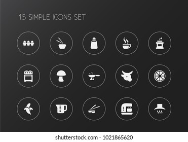 Set of 15 editable cook icons. Includes symbols such as japanese food, measuring cup, cayenne pepper and more. Can be used for web, mobile, UI and infographic design.