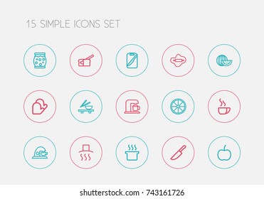 Set Of 15 Editable Cook Outline Icons. Includes Symbols Such As Food Cutter, Rooty, Board And More. Can Be Used For Web, Mobile, UI And Infographic Design.