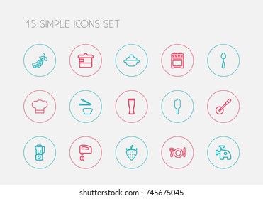 Set Of 15 Editable Cooking Outline Icons. Includes Symbols Such As Pizza Blade, Cream, Cooker And More. Can Be Used For Web, Mobile, UI And Infographic Design.