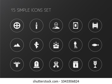 Set of 15 editable dyne icons. Includes symbols such as prayer rug, native spirituality, dome and more. Can be used for web, mobile, UI and infographic design.