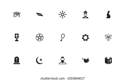 Set of 15 editable dyne icons. Includes symbols such as mullah, blessing, beads and more. Can be used for web, mobile, UI and infographic design.