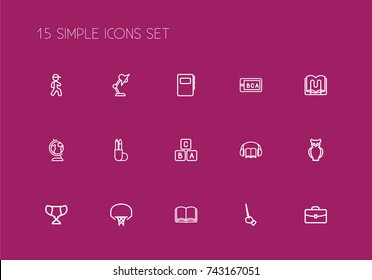 Set Of 15 Editable Education Outline Icons. Includes Symbols Such As Earth, Pupil, Stand. Can Be Used For Web, Mobile, UI And Infographic Design.
